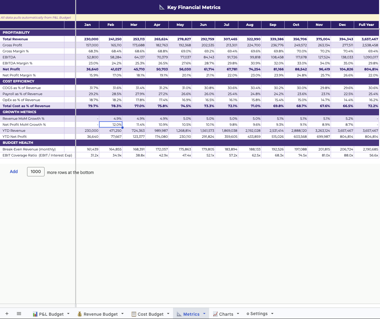 Key Financial Metrics — profitability, growth, budget health