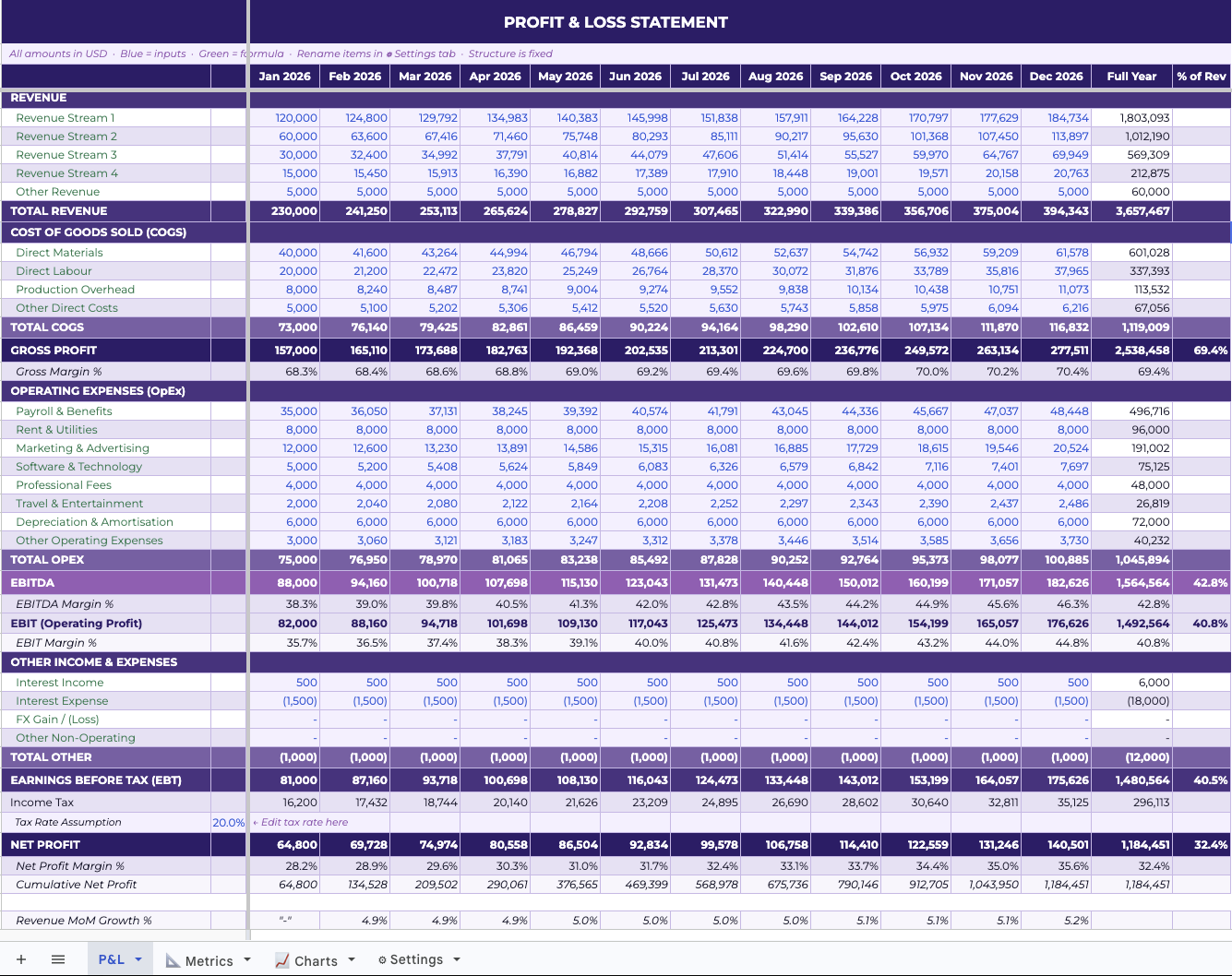 P&L Statement — 12-month revenue, COGS, OpEx, EBITDA breakdown